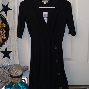 V neck Black dress with brown buttons